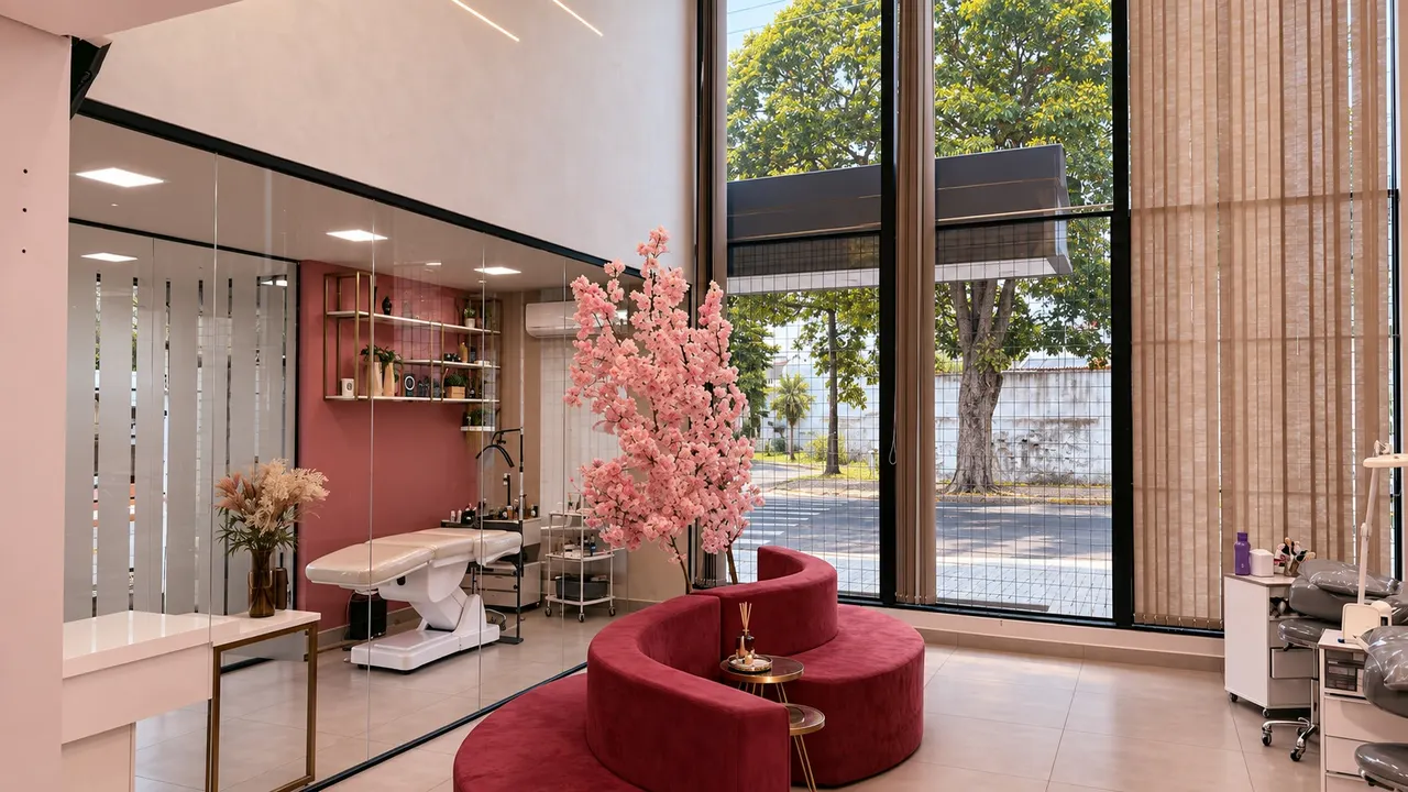 Área de espera com sofá vermelho e, ao fundo, a sala de atendimento da Dani