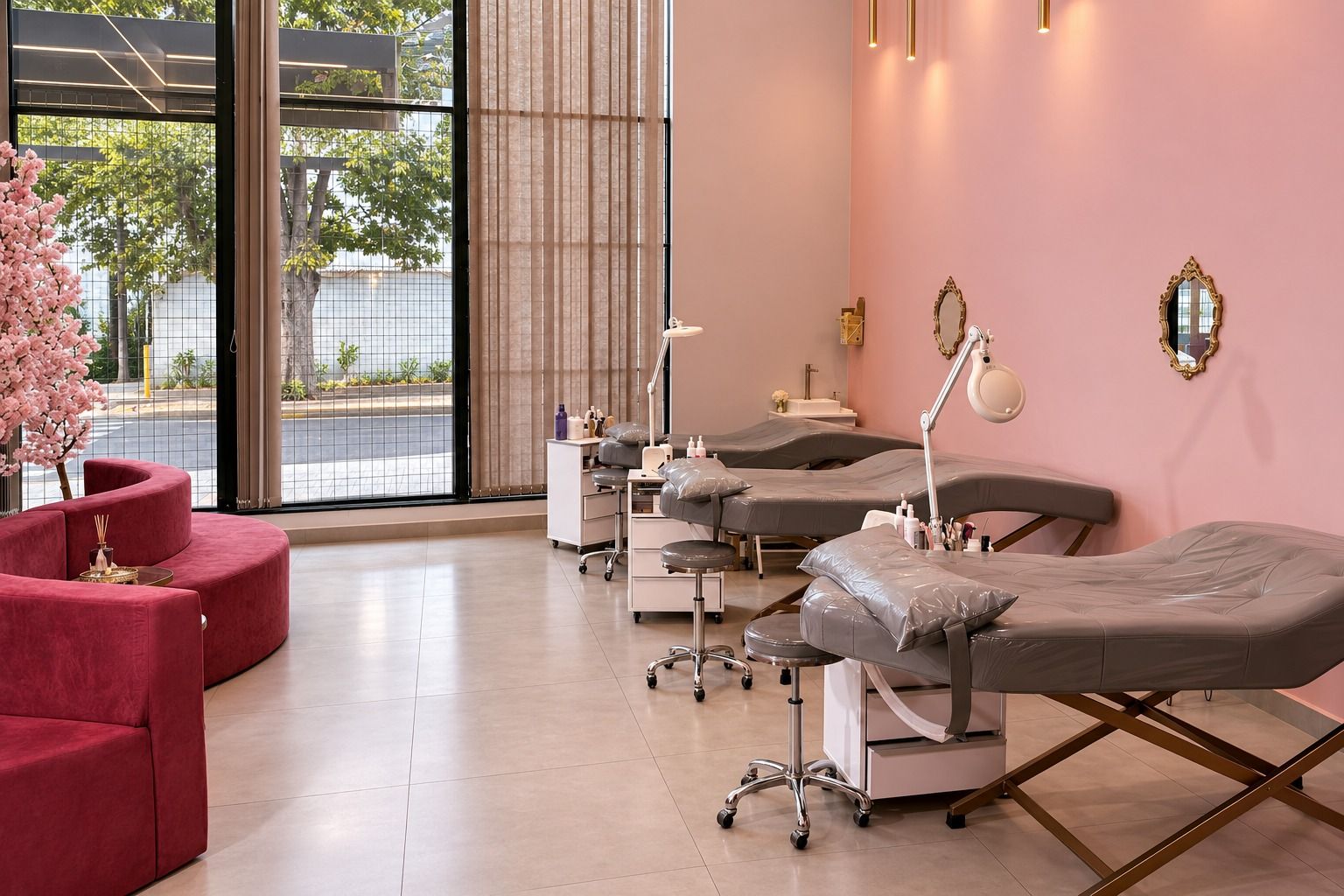 Salão de atendimento da Clínica da Barbe com macas e parede rosa